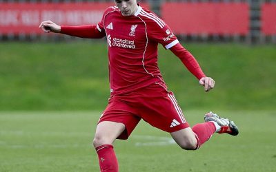 Luke Chambers, pictured training this week, made his senior debut for Liverpool as a Carabao Cup substitute in 2023