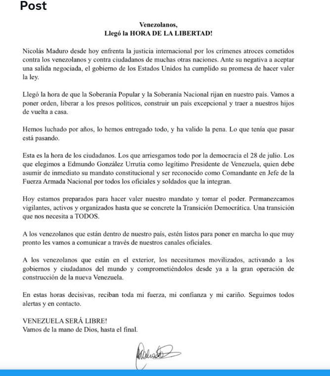 Lidera opoziției din Venezuela, María Corina Machado, a lansat un mesaj hard către populație, după ce forțele militare ale Statelor Unite au reținut pe președintele Nicolás Maduro și pe soția sa, într-un eveniment care zguduie scena politică a regiunii