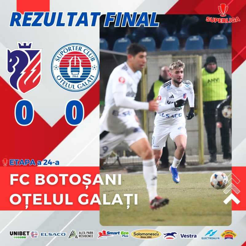 FC Botoșani și Oțelul Galați, remiză fără goluri în Superligă FC Botoșani a încheiat luni seară partida cu Oțelul Galați la egalitate, 0-0, pe Stadionul Municipal din Botoșani, într-un meci din etapa a 24-a a Superligii de fotbal