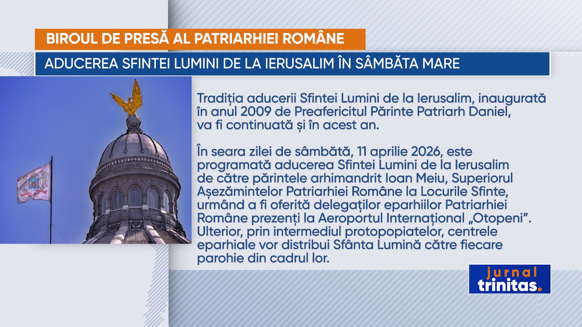 Tradiția aducerii Sfintei Lumini din Ierusalim în România, în Sâmbăta Mare, se menține în acest an Sfânta Lumină, simbol al credinței și al speranței pentru creștinii ortodocși din România, va fi adusă în această zi, ca în fiecare an, în Sâmbăta Mare