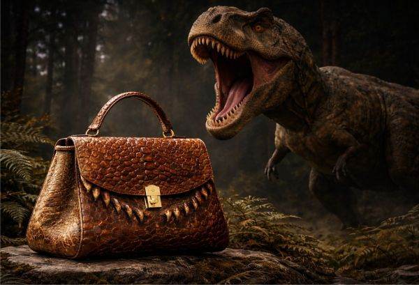 O echipă de cercetători și designeri a dezvăluit o creație inedită: o geantă fabricată din colagen provenit din fosile de Tyrannosaurus rex, într-un proiect menit să susțină potențialul materialelor cultivate în laborator
