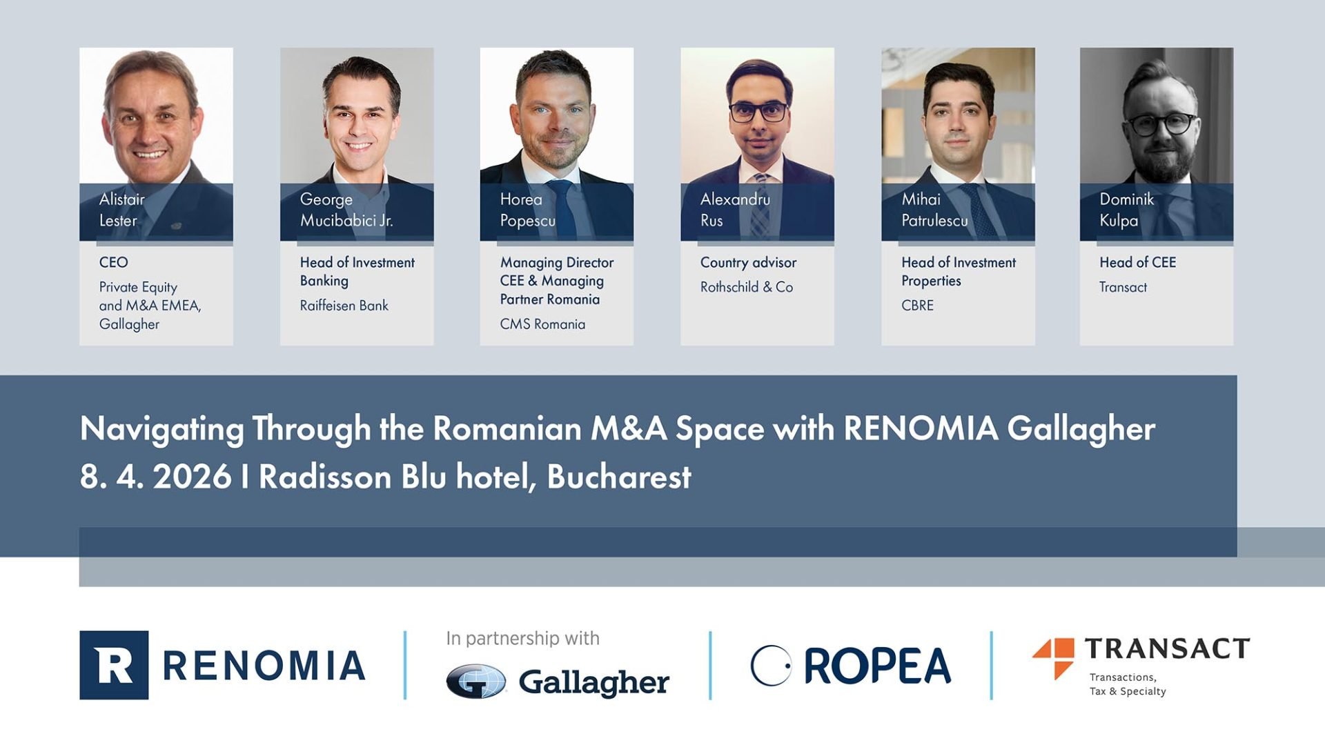 Eveniment de referință pentru piața de M&A din România Renomia Gallagher, în colaborare cu BusinessMark, organizează pe 8 aprilie 2026, un eveniment dedicat tendințelor și provocărilor din segmentul fuziunilor și achizițiilor