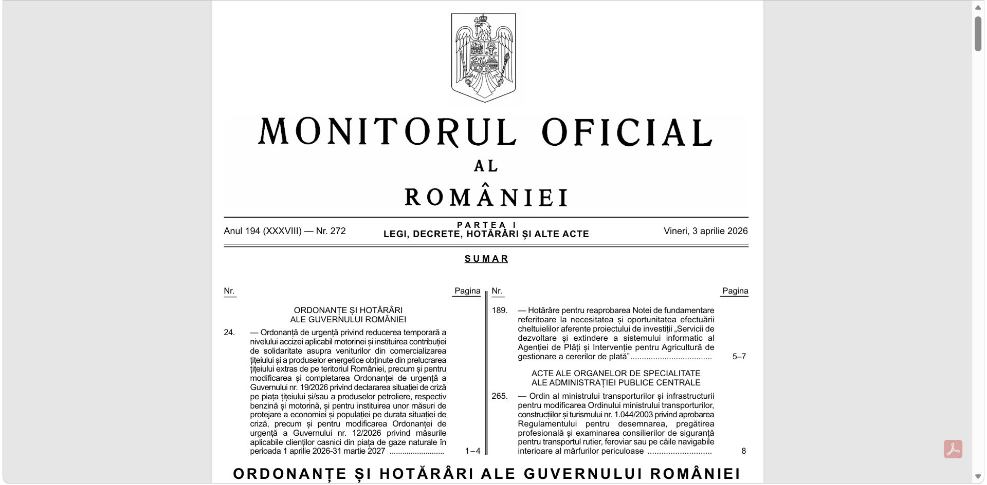 Guvernul a publicat în Monitorul Oficial Ordonanța de urgență 24/2026, care prevede reducerea accizei la motorina standard începând cu 7 aprilie 2026