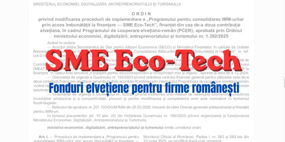 Fonduri elvețiene de 288 milioane lei pentru firmele din România: Programul SME Eco-Tech, schimbat