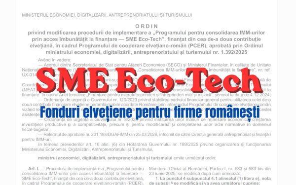 Fonduri elvețiene de 288 milioane lei pentru firmele din România: Programul SME Eco-Tech, schimbat