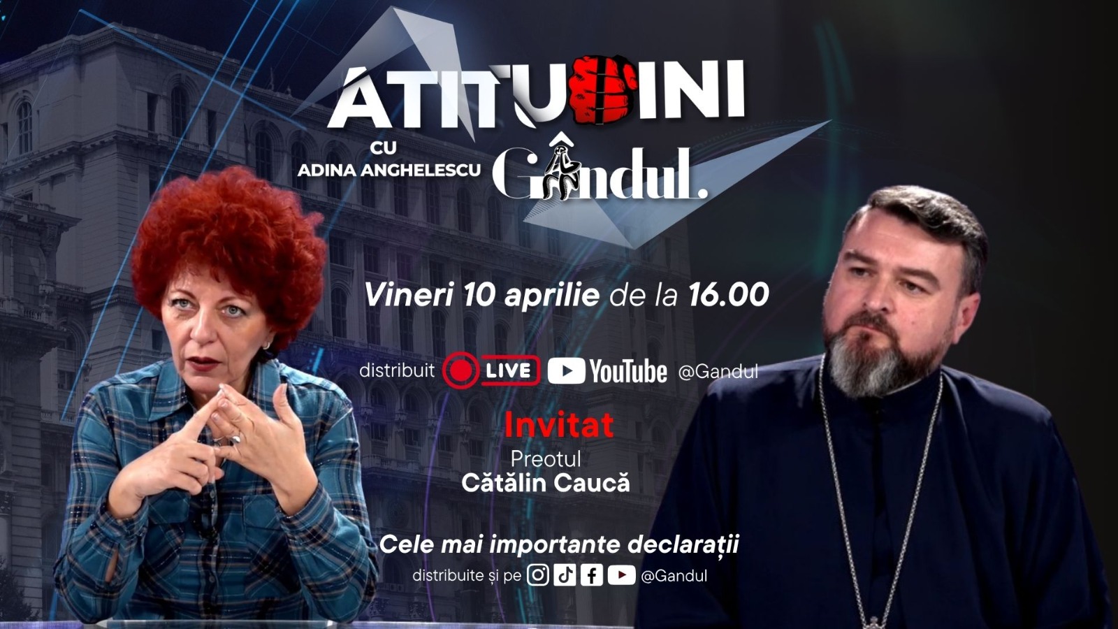 Adina Anghelescu revine cu o nouă emisiune, vineri pe Gândul, cu părintele Cătălin Caucă