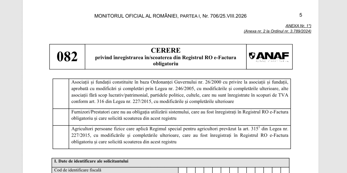 ANAF: Formularul 082 modificat, RO e-Factura. Ordinul 1020/2026, publicat